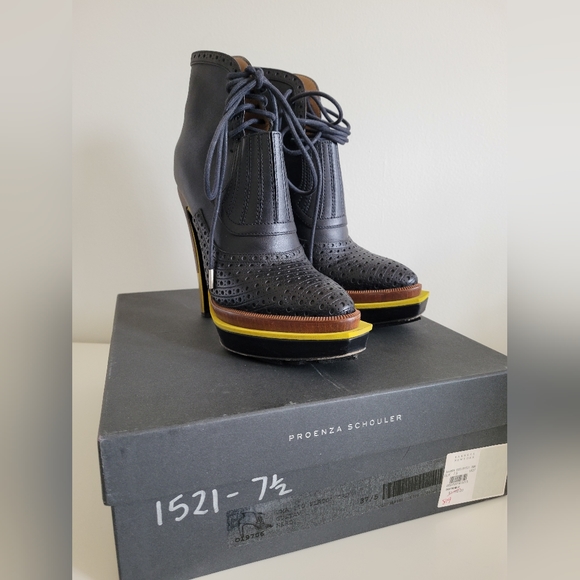 PROENZA SCHOULER lace up ankle boot, pointed toe, woodgrain heel, gold accents - Picture 12 of 12